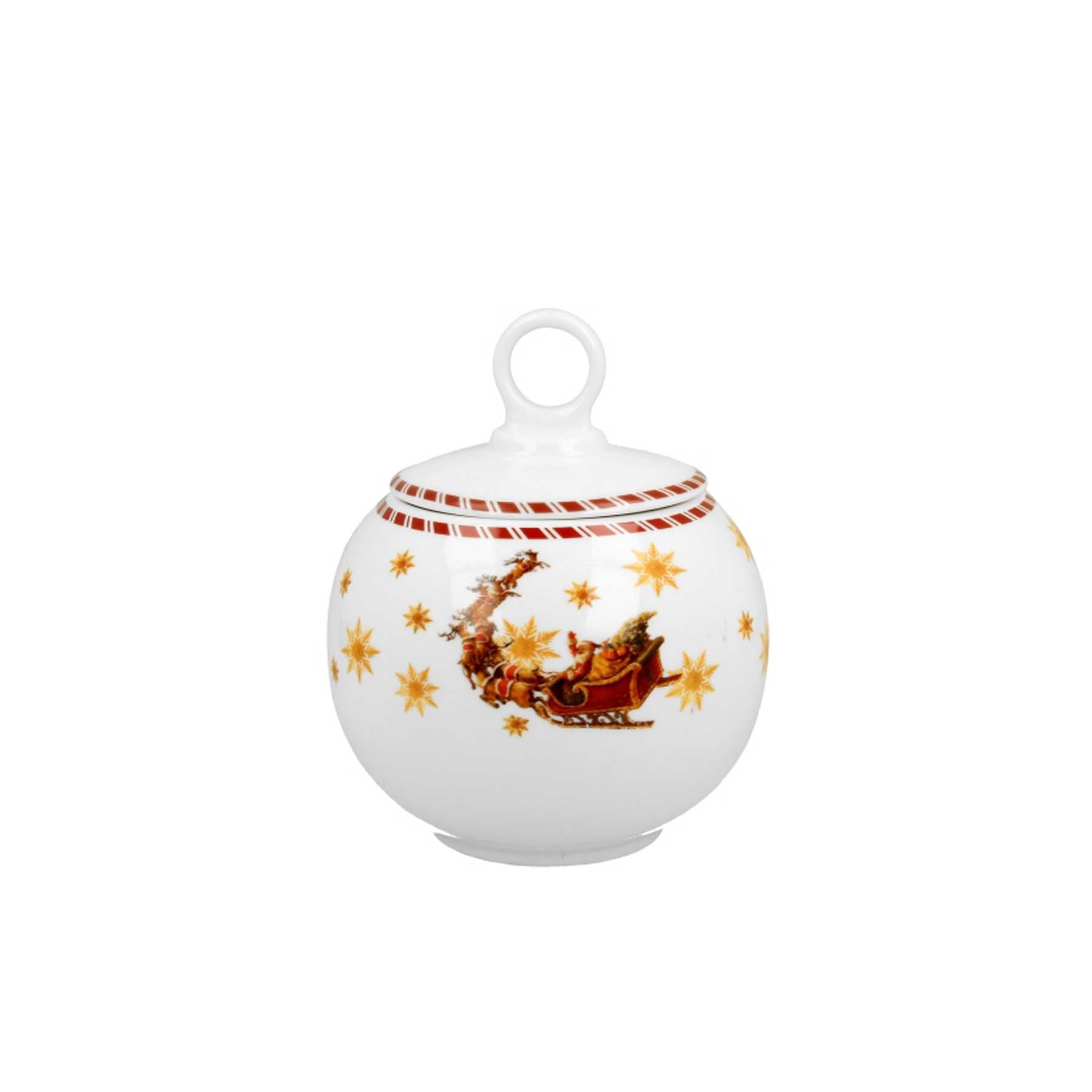 Bögre Karácsonyi porcelán keksztároló díszdobozban Mikulás rénszarvas szánnal