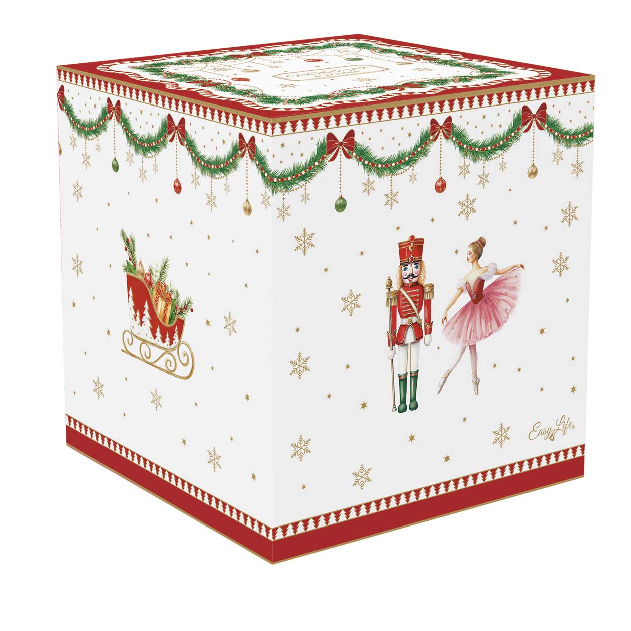 Tányér, étkészlet Karácsonyi porcelán keksztároló hintalovas fogantyúval díszdobozban Magie de Noel
