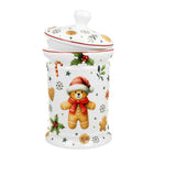 Bögre Karácsonyi porcelán keksztároló tetővel mézeskalács macis díszdobozban