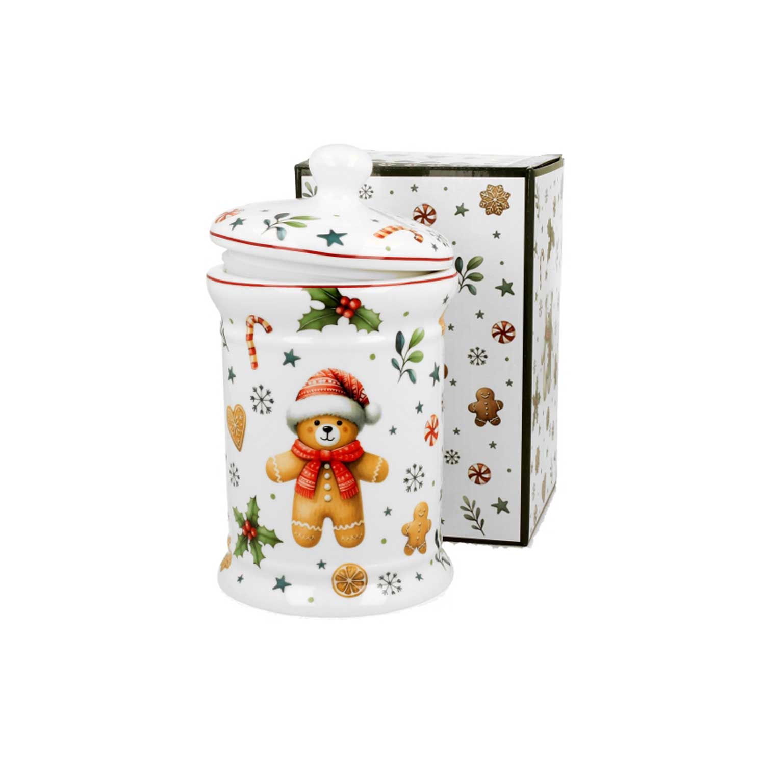 Bögre Karácsonyi porcelán keksztároló tetővel mézeskalács macis díszdobozban
