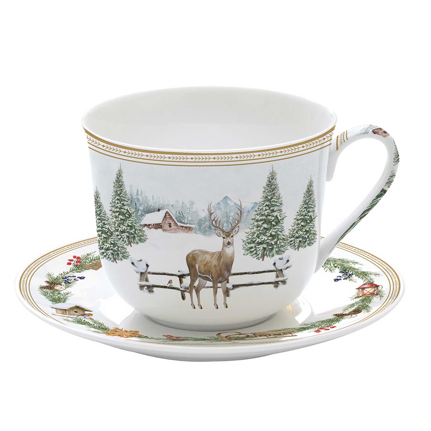 Tányér, étkészlet Karácsonyi porcelán nagy reggeliző csésze aljjal szarvasos White Forest díszdobozban