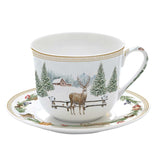 Tányér, étkészlet Karácsonyi porcelán nagy reggeliző csésze aljjal szarvasos White Forest díszdobozban
