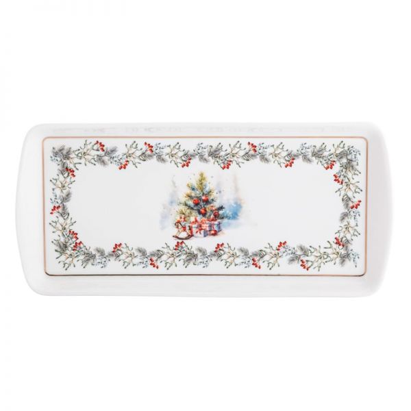 Karácsonyi porcelán süteményes tálca - 27,5x2,5x13 cm - fenyőágas
