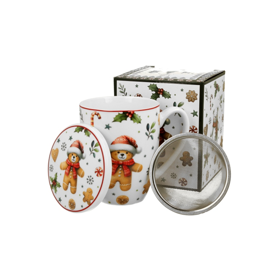 Bögre Karácsonyi porcelán szűrős bögre mézeskalács macis díszdobozban