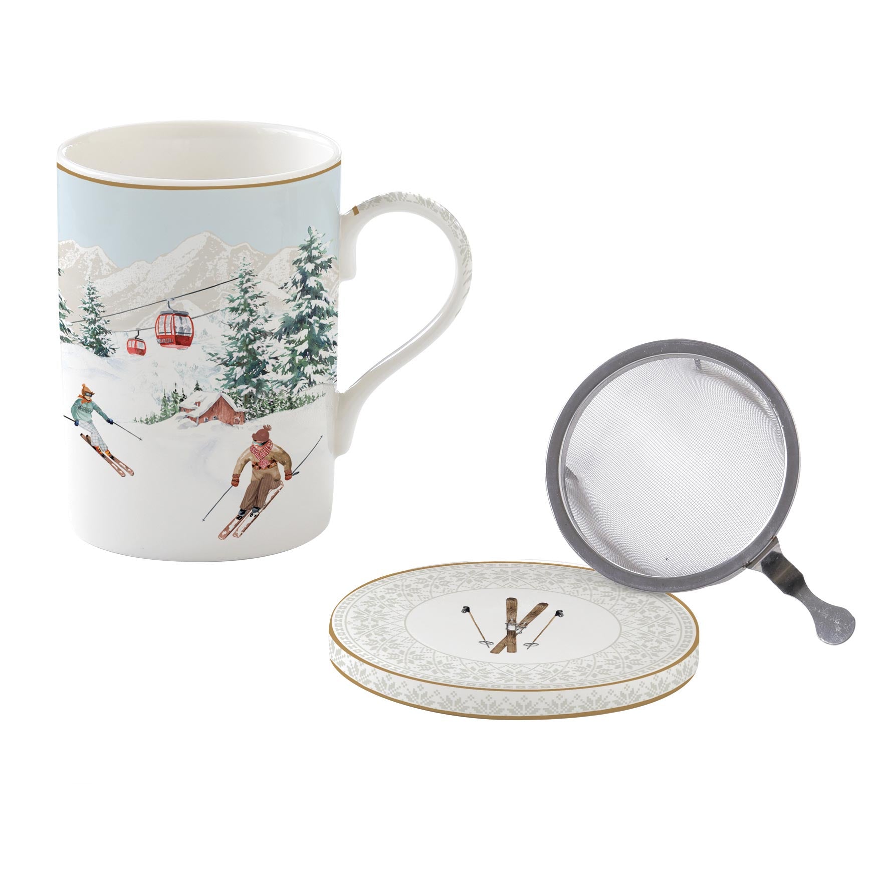 Bögre Karácsonyi porcelán teás bögre szűrővel díszdobozban Chalet