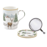Tányér, étkészlet Karácsonyi porcelán teás bögre szűrővel White Forest díszdobozban
