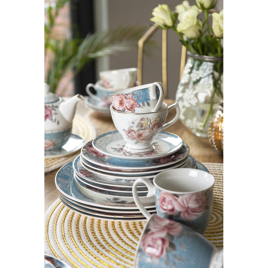 Bögre, csésze Kék rózsaszín rózsás porcelán csésze aljjal 200 ml arany szegéllyel