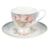 Bögre, csésze Kék rózsaszín rózsás porcelán csésze aljjal 200 ml arany szegéllyel