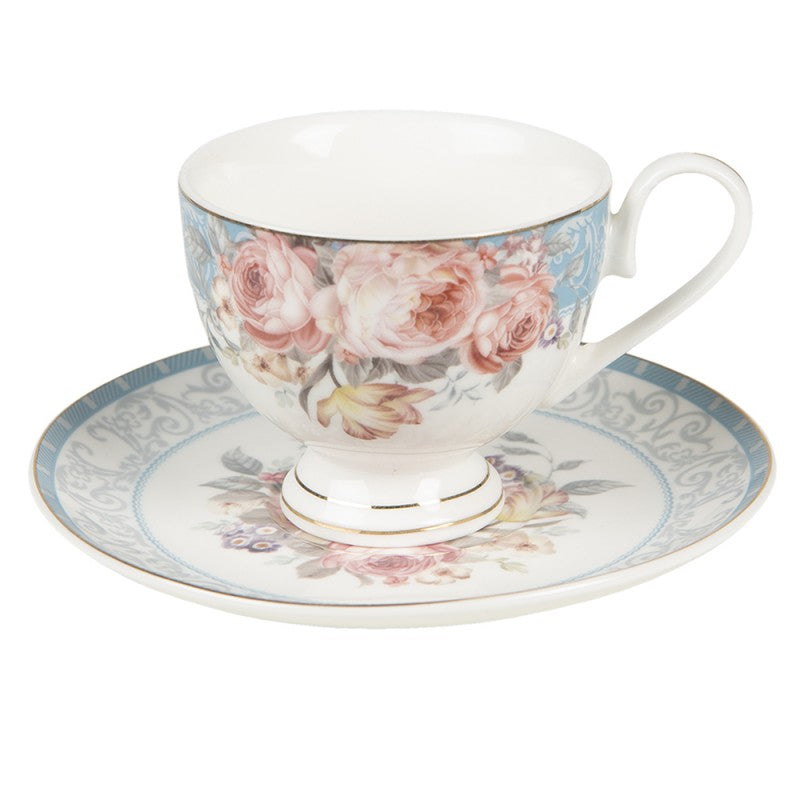 Bögre, csésze Kék rózsaszín rózsás porcelán csésze aljjal 200 ml arany szegéllyel