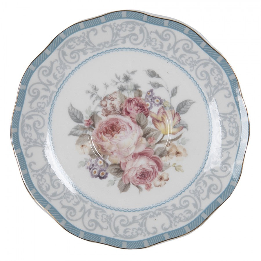 Bögre, csésze Kék rózsaszín rózsás porcelán teás csésze aljjal 220 ml