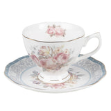 Bögre, csésze Kék rózsaszín rózsás porcelán teás csésze aljjal 220 ml