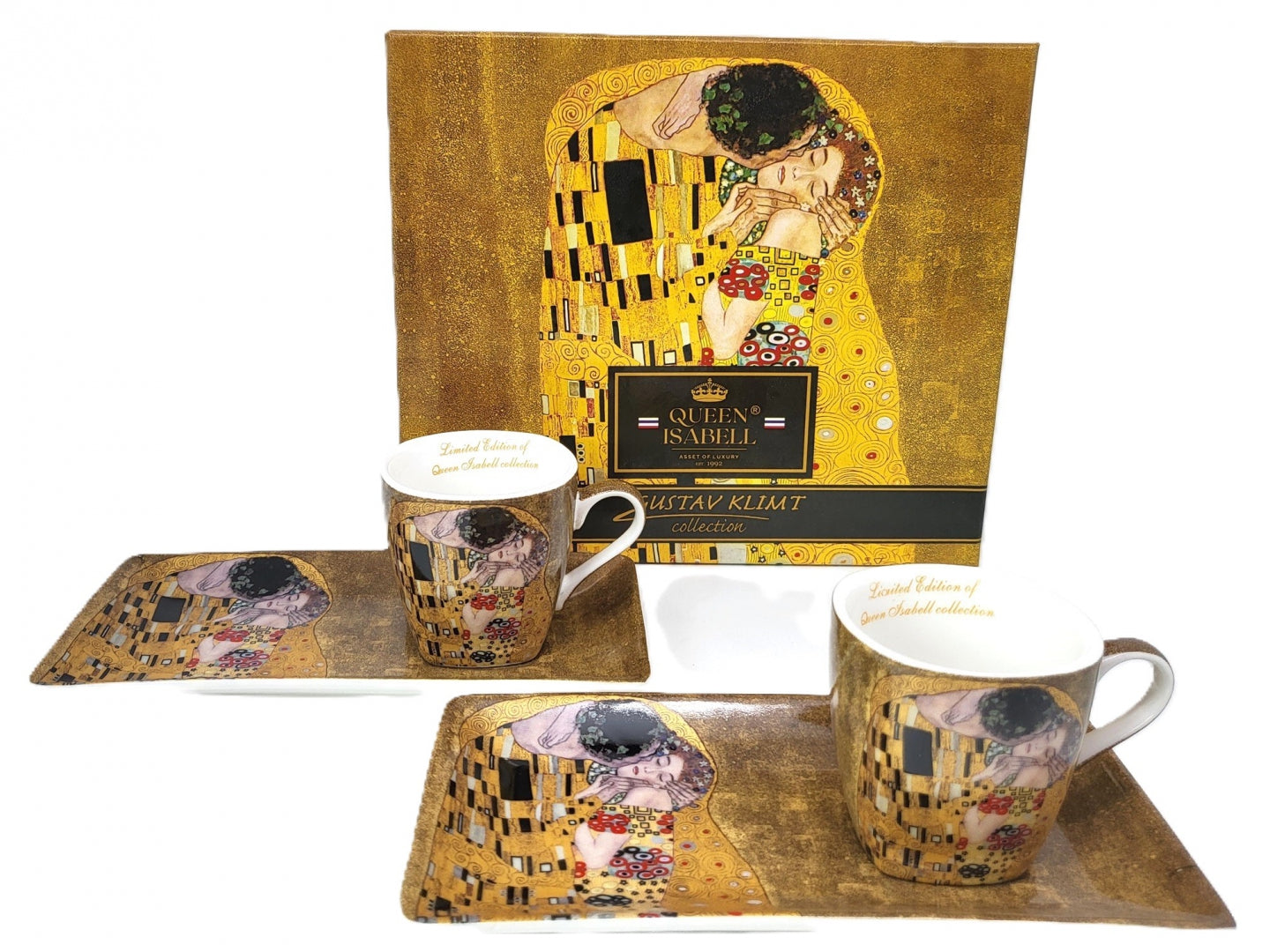 Bögre, csésze Kétszemélyes porcelán kis kávés csésze tálcával Klimt A Csók díszdobozban