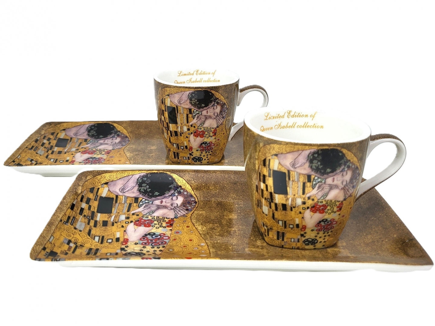 Bögre, csésze Kétszemélyes porcelán kis kávés csésze tálcával Klimt A Csók díszdobozban