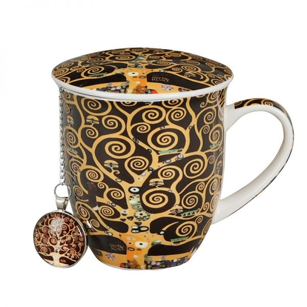 Klimt porcelán bögre fedővel és medálos fém teaszűrővel – 400 ml – Életfa
