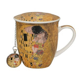 Klimt porcelán bögre fedővel és medálos fém teaszűrővel – 400 ml – The Kiss