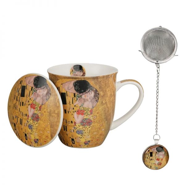 Klimt porcelán bögre fedővel és medálos fém teaszűrővel – 400 ml – The Kiss