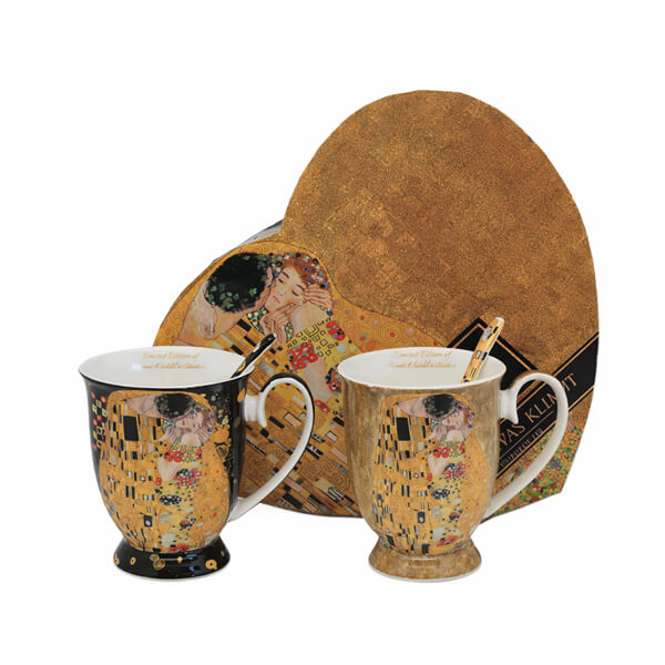Klimt porcelán bögre szett kanállal díszdobozban - 300 ml - fekete/aranybarna