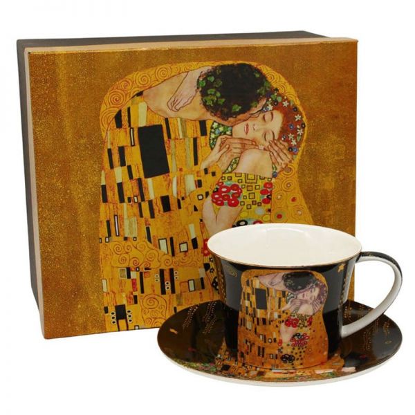 Klimt porcelán csésze aljjal The Kiss fekete díszdobozban