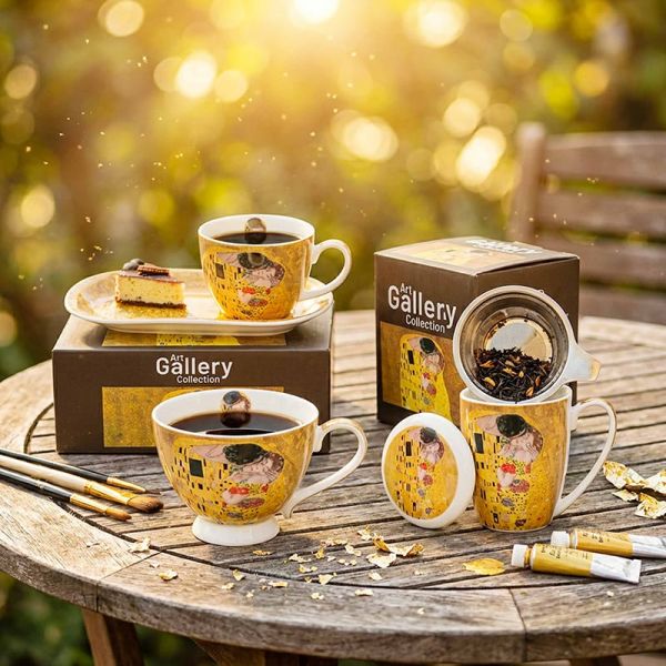 Klimt porcelán reggeliző szett tálcával – 450 ml – The Kiss