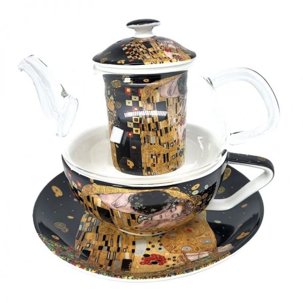 Klimt porcelán - üveg teás szett szűrővel - egyszemélyes - The Kiss fekete