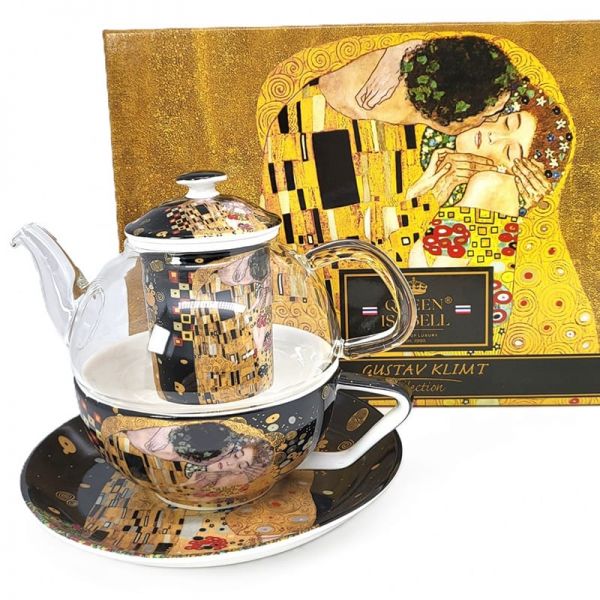 Klimt porcelán - üveg teás szett szűrővel - egyszemélyes - The Kiss fekete