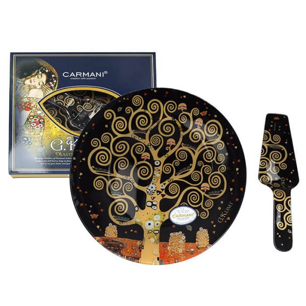 Klimt üveg süteményes tortatál lapáttal - Életfa 30 cm