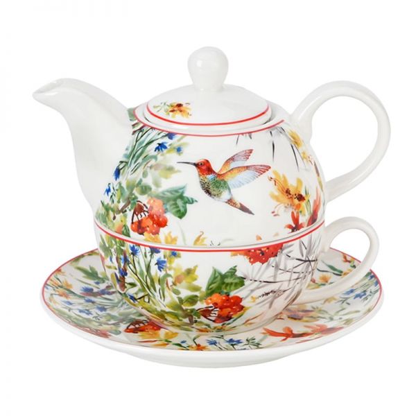 Porcelán egyszemélyes teáskészlet kolibri madaras teáskanna és csésze aljjal