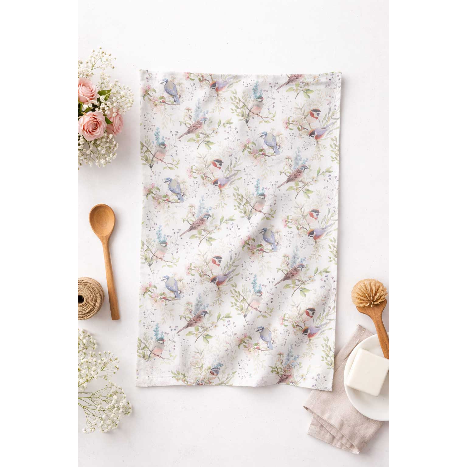 Tavaszi Virágos–madaras konyharuha 50x70 cm 100% pamut Busy birds