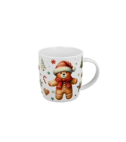 Karácsonyi porcelán bögre mézeskalács macis fenyőfa díszcsomagolásban 400 ml