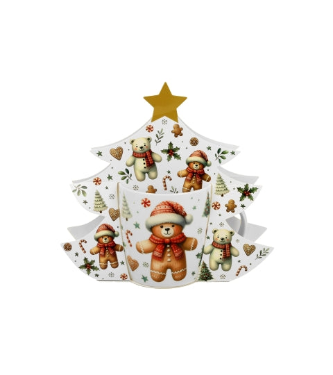 Karácsonyi porcelán bögre mézeskalács macis fenyőfa díszcsomagolásban 400 ml