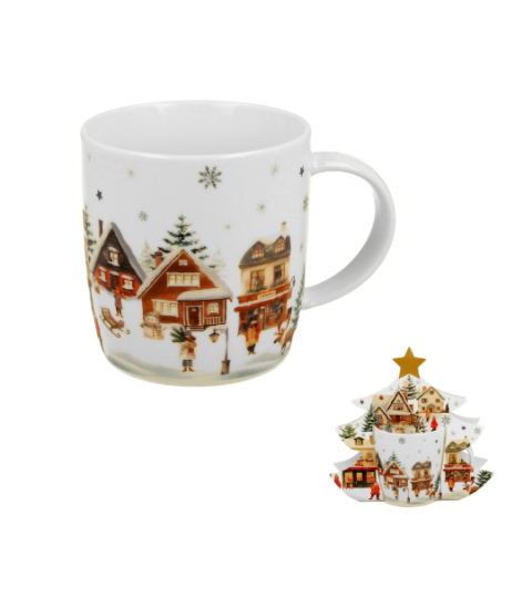 Karácsonyi porcelán bögre fenyőfa díszcsomagolásban 400 ml Christmas Village