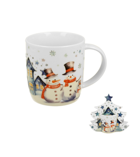 Karácsonyi hóemberes porcelán bögre fenyőfa díszcsomagolásban Snowman
