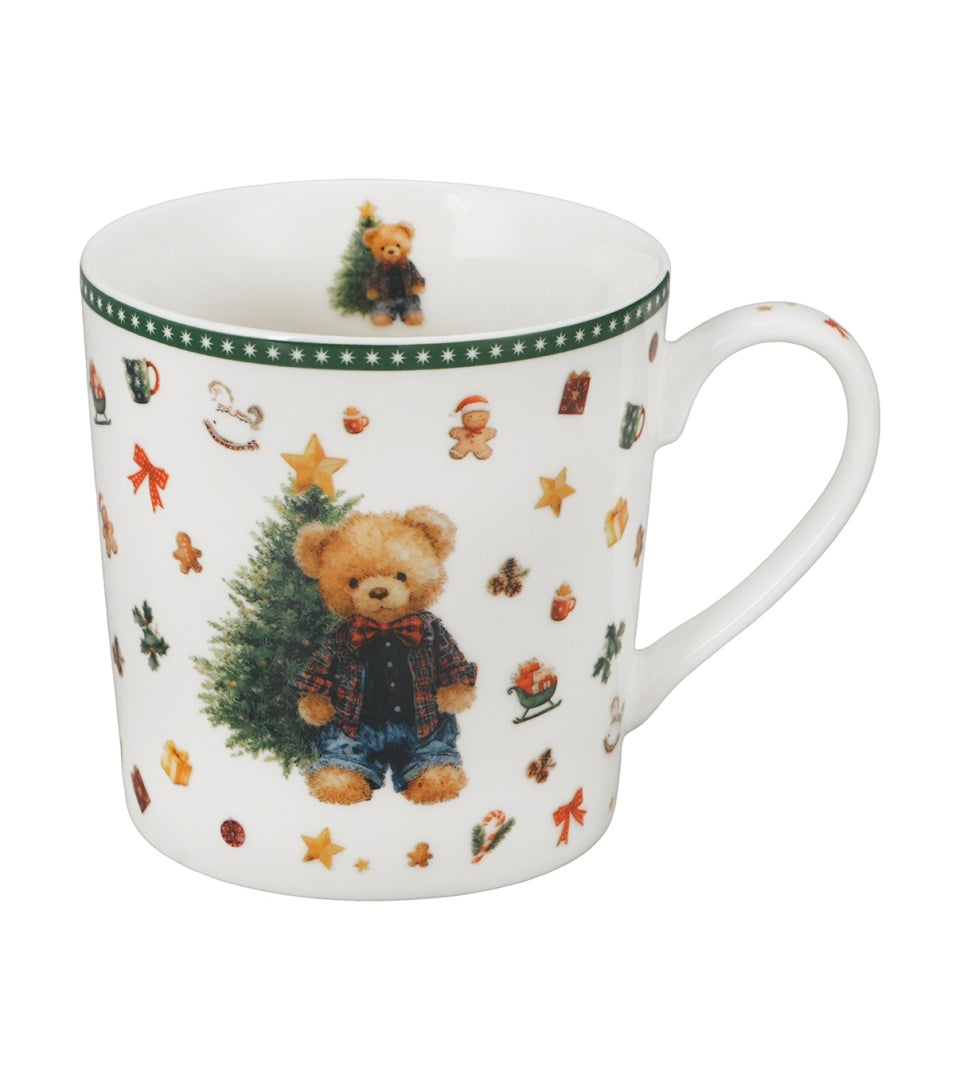 Karácsonyi macis porcelán bögre 400 ml fenyőfa díszcsomagolásban