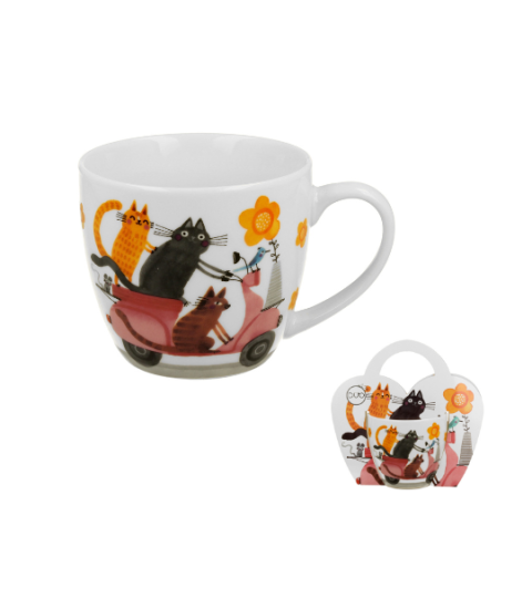 Cicás porcelán bögre 460 ml dísztasakkal Macskák robogón