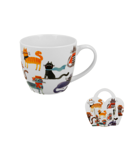 Cicás porcelán bögre 460 ml dísztasakkal Stylish Cats