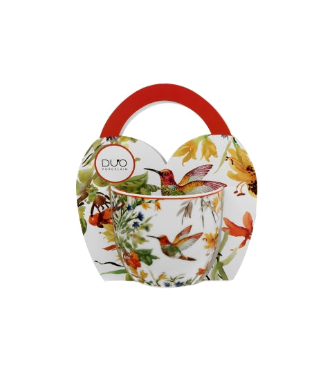 Porcelán bögre papír díszcsomaggal kolibri madaras Linnea