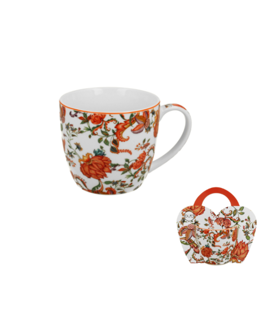 Porcelán bögre piros virág mintás 460 ml dísztasakkal