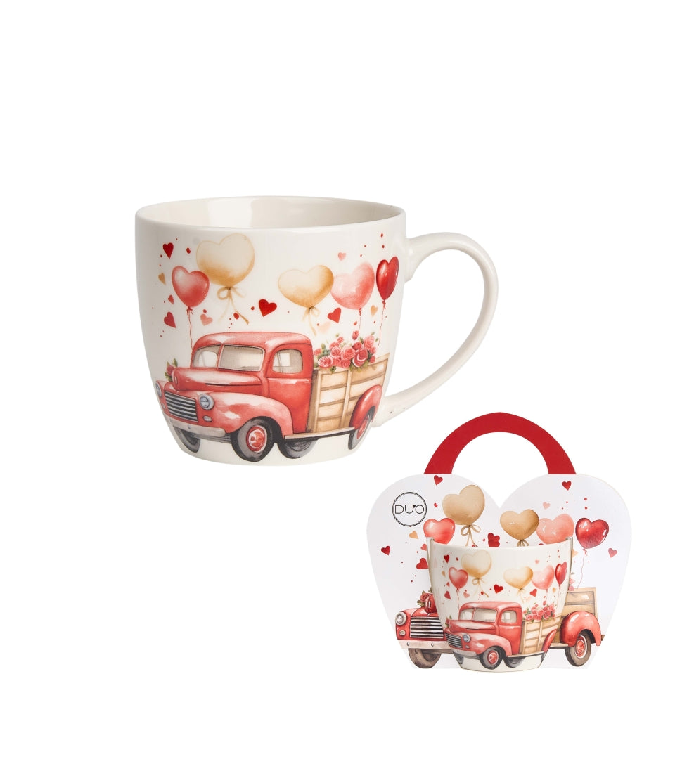 Valentin napi porcelán bögre papír dísztasakkal szíves lufi Truck 460 ml