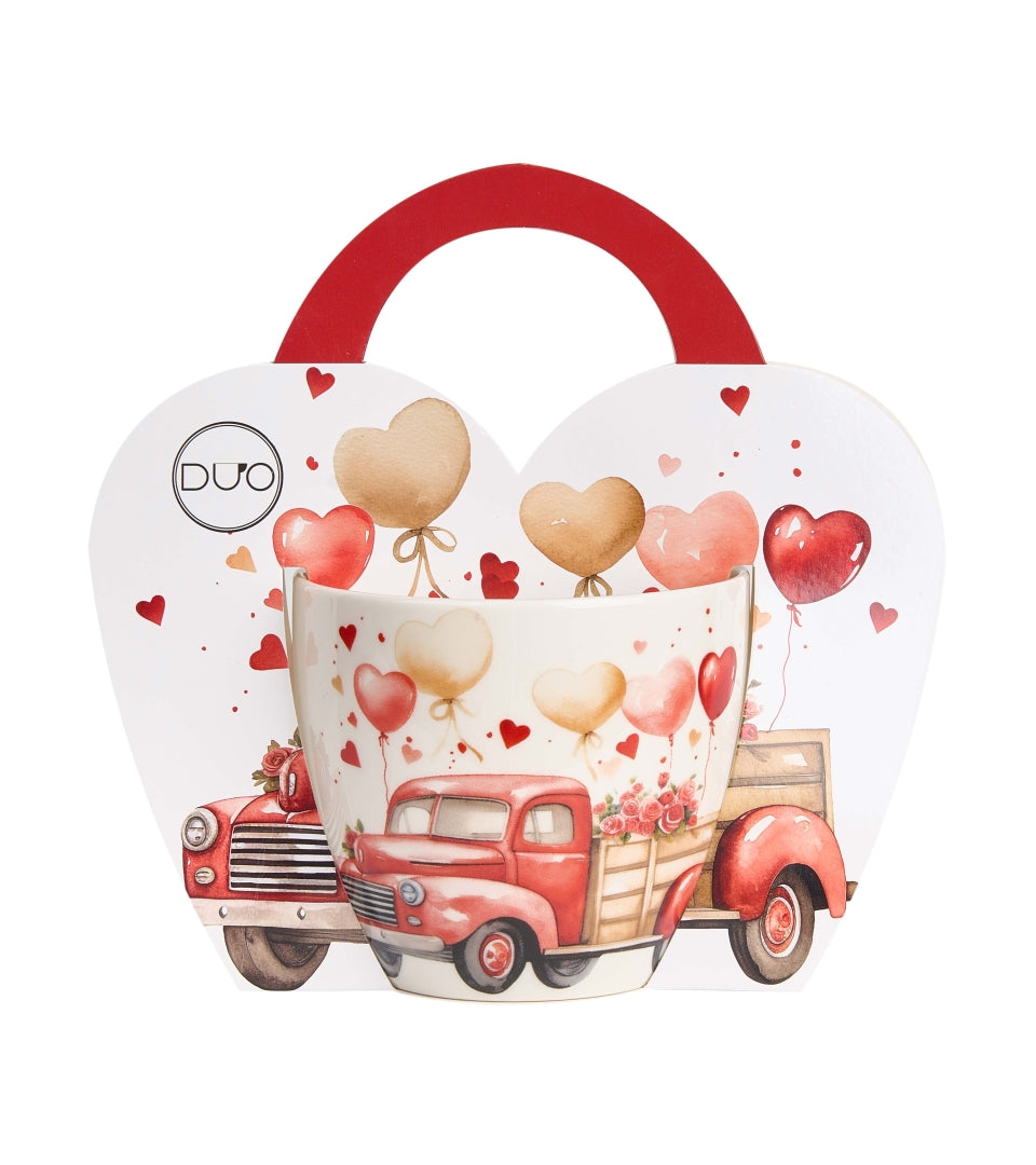 Valentin napi porcelán bögre papír dísztasakkal szíves lufi Truck 460 ml