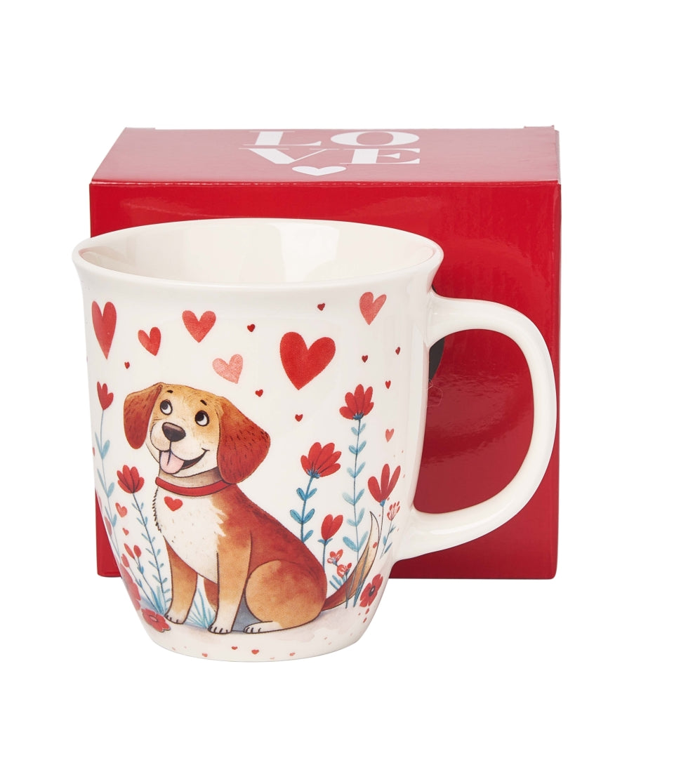 Valentin napi kutyás porcelán bögre tetővel fém szűrővel 360 ml dobozban Dog