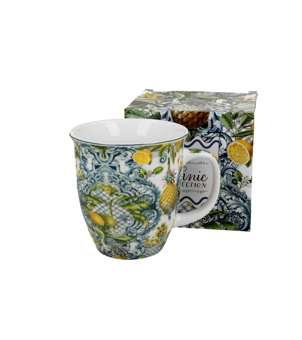 Porcelán bögre citrom és ananász mintás 650 ml díszdobozban