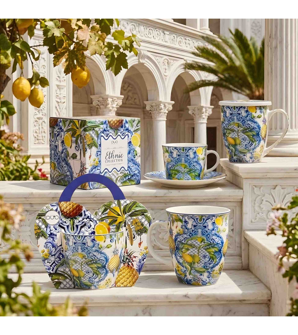 Porcelán bögre citrom és ananász mintás 360 ml díszdobozban