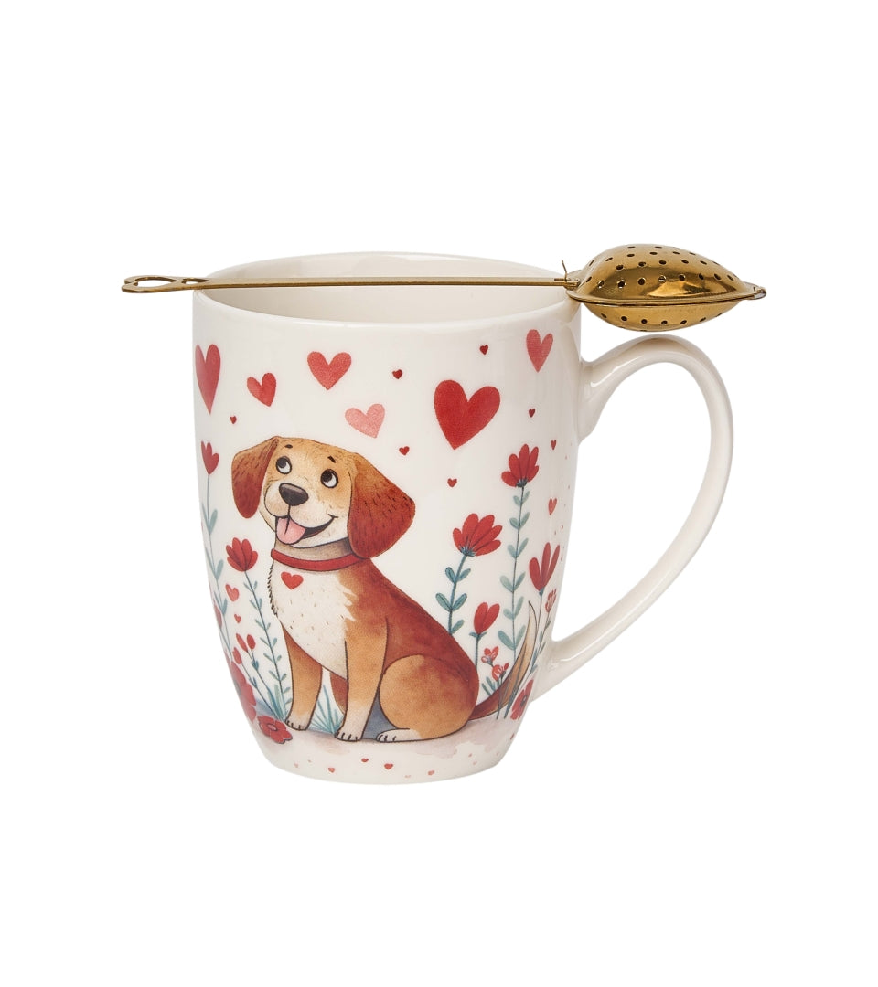 Valentin napi kutyás porcelán bögre szív alakú fém teaszűrővel 360 ml