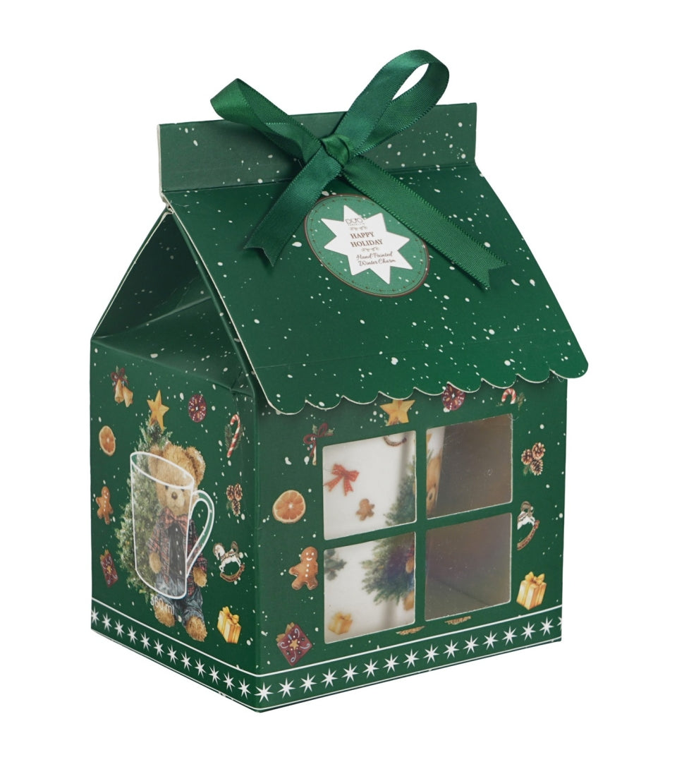 Karácsonyi macis porcelán bögre házikó díszcsomagolásban 360 ml dobozban Teddy Noel