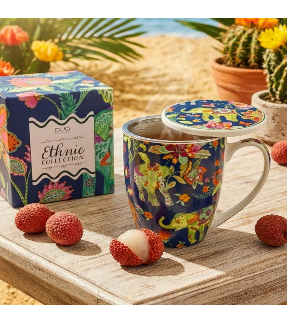 Porcelán teás bögre tetővel fém szűrővel 360 ml dobozban elefánt