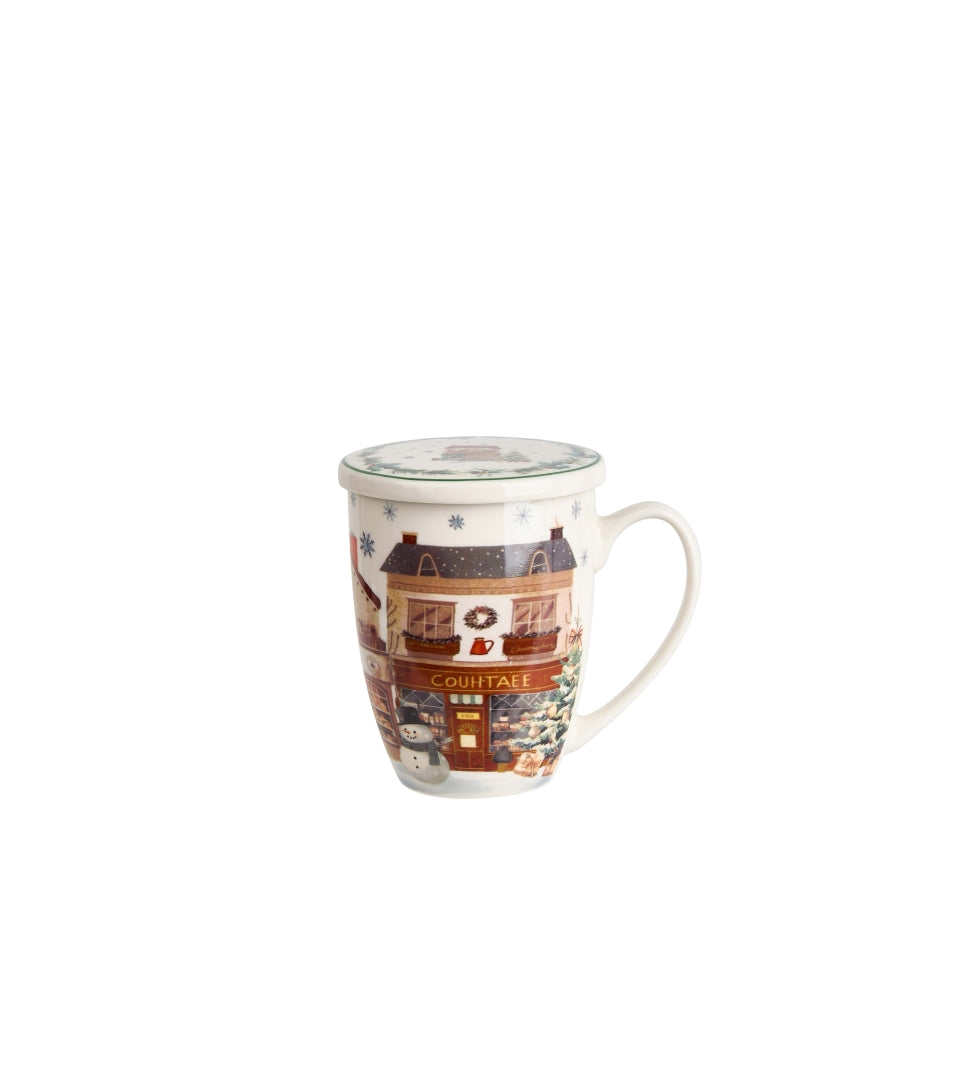 Karácsonyi Porcelán bögre fémszűrővel 360 ml díszdobozban Christmas City 2
