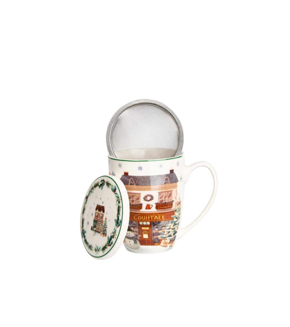 Karácsonyi Porcelán bögre fémszűrővel 360 ml díszdobozban Christmas City 2