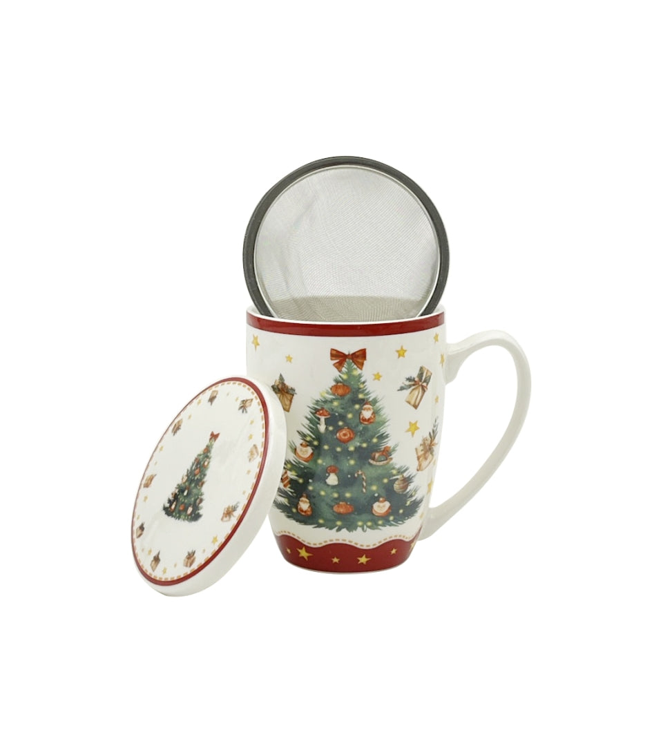 Karácsonyi fenyőfás porcelán bögre fém szűrővel díszdobozban Christmas Tree 3