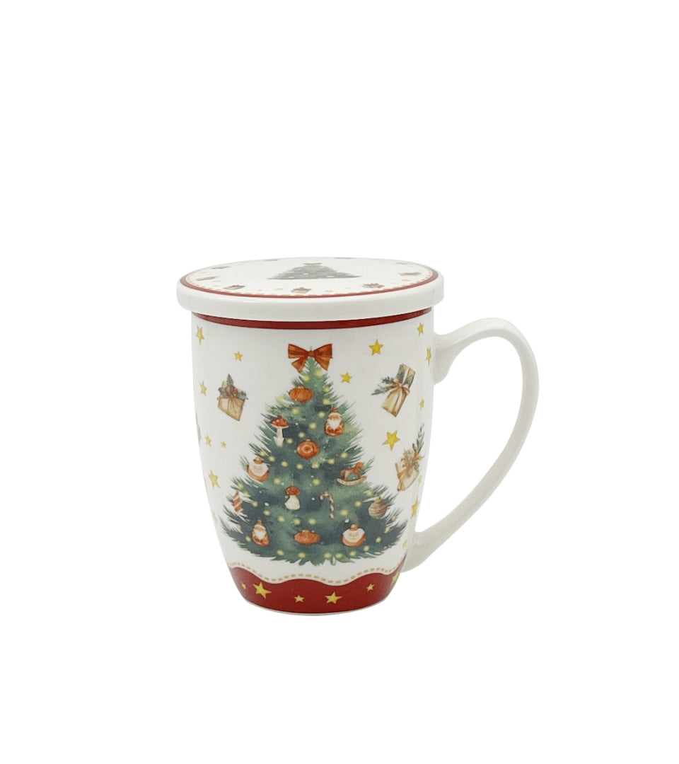 Karácsonyi fenyőfás porcelán bögre fém szűrővel díszdobozban Christmas Tree 3