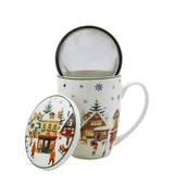Karácsonyi porcelán szűrős bögre tetővel díszdobozban Christmas Village